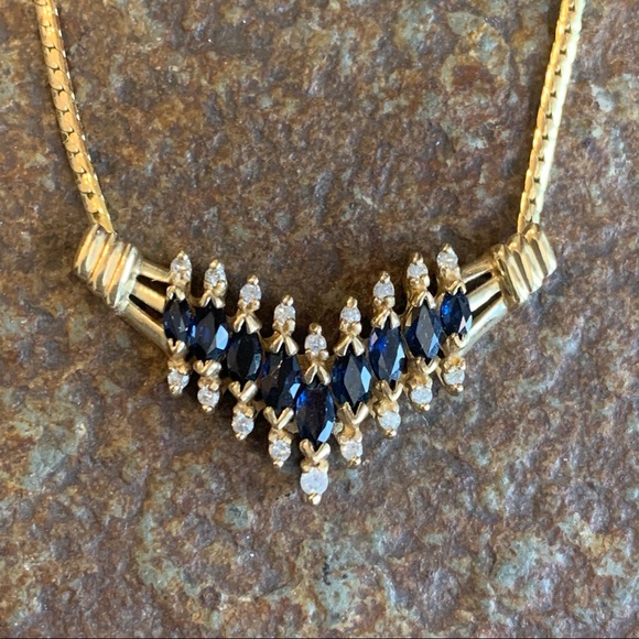 Vintage Jewelry - Australian Sapphire and Diamonds 14K Gold Necklace